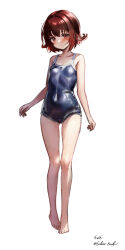 Rule 34 | 1girl, bare arms, bare legs, bare shoulders, barefoot, blue one-piece swimsuit, blush, breasts, closed mouth, collarbone, competition school swimsuit, covered navel, eckert&amp;eich, feet, full body, gluteal fold, hair between eyes, highres, impossible clothes, impossible swimsuit, kantai collection, legs, looking at viewer, mutsuki (kancolle), one-hour drawing challenge, one-piece swimsuit, red eyes, red hair, school swimsuit, shiny swimsuit, short hair, sidelocks, signature, simple background, small breasts, solo, standing, swimsuit, thigh gap, thighs, toes, twitter username, white background