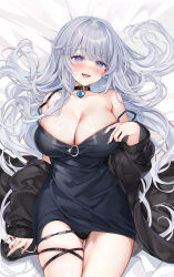 Rule 34 | 1girl, :d, absurdres, bare shoulders, black choker, black dress, black panties, blue eyes, blush, breasts, choker, cleavage, collarbone, cowboy shot, dress, gluteal fold, grey hair, hair ornament, highres, large breasts, long hair, long sleeves, looking at viewer, lying, machi (7769), mole, mole on breast, off shoulder, on back, open mouth, original, panties, skindentation, smile, solo, thigh strap, thighs, underwear