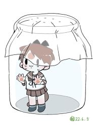 Rule 34 | 1girl, against glass, animal ears, brown hair, brown sailor collar, brown skirt, cat ears, cat tail, dated, in container, in jar, kantai collection, oversized object, paw print, ponytail, sailor collar, school uniform, serafuku, shikinami (kancolle), short hair, skirt, solo, tail, tsubutarou