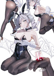 Rule 34 | 1girl, absurdres, alternate costume, animal ears, ass, auguste, bare shoulders, black leotard, bow, bowtie, breasts, cleavage, cup, detached collar, drill hair, drinking glass, duel monster, fake animal ears, fake tail, feet, gloves, grey eyes, grey hair, highres, large breasts, leotard, lovely labrynth of the silver castle, low wings, multiple views, pantyhose, playboy bunny, rabbit ears, rabbit tail, strapless, strapless leotard, tail, white gloves, wine glass, wings, wrist cuffs, yu-gi-oh!