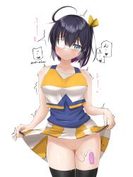 Rule 34 | 1girl, absurdres, ahoge, bare shoulders, black thighhighs, blue shirt, blush, breasts, cheerleader, chuunibyou demo koi ga shitai!, closed mouth, clothes lift, collarbone, commentary request, cowboy shot, discreet vibrator, eyepatch, frown, hair ribbon, heart, highres, large breasts, lifting own clothes, no panties, object insertion, pussy, ribbon, sex toy, shirt, simple background, skirt, skirt lift, solo, speech bubble, takanashi rikka, thighhighs, trembling, vaginal, vaginal object insertion, vibrator, white background, white shirt, white skirt, yellow ribbon, yellow shirt, yellow skirt, yuki artman