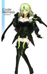 Rule 34 | 1girl, absurdres, blush, breasts, bursting breasts, circlet, cleavage cutout, clothing cutout, code: nemesis (elsword), cosplay, dress, elf, elsword, eve (elsword), eve (elsword) (cosplay), fusion, green hair, highres, large breasts, long hair, merge, panties, pointy ears, raven cronwell, rena erindel, short dress, snowball22, solo, thighhighs, underwear, white background