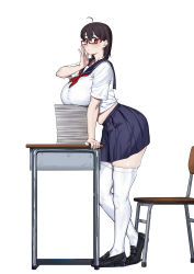 Rule 34 | 1girl, adjusting eyewear, ahoge, arm support, black footwear, black hair, blush, book, book stack, breast rest, breasts, brown eyes, chair, closed mouth, curvy, desk, from side, full body, glasses, highres, huge breasts, leaning forward, leaning on table, looking at viewer, mary janes, medium hair, meido sushi, midriff peek, miniskirt, navel, neckerchief, original, phara, pleated skirt, plump, red-framed eyewear, sailor collar, school uniform, shirt, shoes, short hair, short sleeves, skindentation, skirt, solo, standing, taut clothes, taut shirt, thighhighs, white shirt, white thighhighs, zettai ryouiki