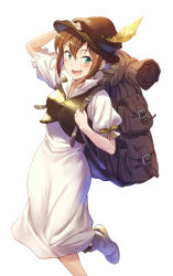 Rule 34 | 1girl, :d, backpack, bag, blush, boots, brown hair, brown hat, brown ribbon, collarbone, dress, feathers, green eyes, grey footwear, hair between eyes, hand on headwear, hat, hat feather, highres, long dress, looking at viewer, octopath traveler, octopath traveler i, one eye closed, open mouth, ribbon, short hair, short sleeves, simple background, smile, solo, standing, standing on one leg, sundress, tenkuu nozora, tressa (octopath traveler), white background, white dress, yellow feathers