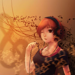 Rule 34 | 1girl, cable, cafehu, grado labs, headphones, listening to music, musical note, red eyes, red hair, short hair, solo, tank top, wink