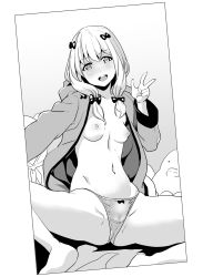 Rule 34 | 10s, 1girl, bad id, bad twitter id, blush, bow, bow panties, breasts, crotch seam, date (senpen), eromanga sensei, greyscale, hair bow, highres, hood, hoodie, izumi sagiri, jacket, long hair, looking at viewer, monochrome, navel, nipples, no bra, no pants, open clothes, open jacket, open mouth, panties, sidelocks, sitting, small breasts, smile, solo, stuffed animal, stuffed toy, underwear, w