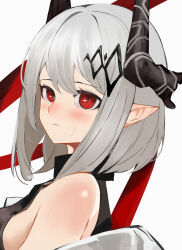 Rule 34 | 1girl, absurdres, alternate hairstyle, ao oni (onioni-aoi), arknights, bare shoulders, black collar, black horns, blush, close-up, closed mouth, collar, ear blush, embarrassed, grey hair, highres, horns, looking at viewer, looking to the side, medium hair, mudrock (arknights), nose blush, pointy ears, portrait, red eyes, solo, sweat, white background