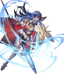 Rule 34 | 1girl, alternate costume, arm guards, armor, armored boots, belt, blue eyes, blue hair, bodysuit, bodysuit under clothes, boots, breastplate, cape, feather trim, fire emblem, fire emblem awakening, fire emblem heroes, full body, garter straps, gloves, glowing, glowing weapon, gold trim, highres, holding, holding shield, holding weapon, jewelry, leg up, lips, long hair, looking away, lucina (brave princess) (fire emblem), lucina (fire emblem), mizutama (mao11260510), multiple belts, nintendo, non-web source, official art, open mouth, polearm, ribbed bodysuit, shield, shoulder armor, skin tight, solo, spear, tiara, transparent background, weapon