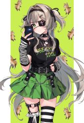 Rule 34 | 1girl, absurdres, asymmetrical legwear, black ribbon, black shirt, brown hair, cellphone, closed mouth, collar, eyepatch, goth fashion, green background, green eyes, green skirt, hair ribbon, hand up, highres, long hair, looking at viewer, minj kim, mismatched legwear, one eye covered, phone, pleated skirt, ribbon, shirt, short sleeves, skirt, smartphone, smile, solo, spiked collar, spikes, standing, thigh strap, thighhighs, two side up, very long hair, viichan, virtual youtuber, waktaverse
