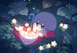 Rule 34 | :o, blue eyes, blush, blush stickers, copy ability, full body, glowing, grass, kirby, kirby (series), leaf, mutekyan, night, nintendo, no humans, outdoors, parasol kirby, parted lips, plant, red footwear, shoes, star (symbol), umbrella