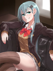 Rule 34 | 1girl, aqua eyes, aqua hair, ascot, bad id, bad leg, bad pixiv id, blush, breasts, brown thighhighs, cardigan, collarbone, collared shirt, couch, crossed legs, earrings, elbow rest, gesugao, hair between eyes, hair ornament, hairclip, highres, indoors, jacket, jewelry, kantai collection, large breasts, long hair, looking at viewer, nail polish, open cardigan, open clothes, pleated skirt, remodel (kantai collection), shirt, sidelocks, sitting, skirt, smile, solo, stud earrings, suzuya (kancolle), thighhighs, thighs, vest, white shirt, window, zombie mogura