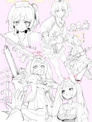 Rule 34 | 1other, 3girls, assault rifle, blue archive, blush, boots, breasts, bullpup, cardigan, chainsaw, closed mouth, dress, fang, gun, halo, hanae (blue archive), hat, highres, holding, holding chainsaw, l85, large breasts, long hair, long sleeves, medium hair, mine (blue archive), multiple girls, nurse cap, one side up, open cardigan, open clothes, open mouth, pink background, pink halo, rifle, sailor collar, serina (blue archive), simple background, skin fang, smile, twintails, umiwashi, weapon, yellow halo