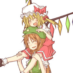 Rule 34 | 2girls, :d, ^ ^, blonde hair, blush, bow, braid, carrying, closed eyes, closed eyes, female focus, flandre scarlet, hair bow, hand on headwear, hat, hong meiling, multiple girls, natsuk, open mouth, red hair, shoulder carry, side ponytail, smile, star (symbol), embodiment of scarlet devil, touhou, wings