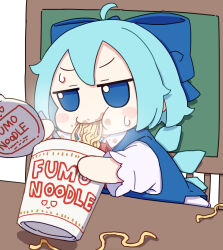 Rule 34 | 1girl, ahoge, blue bow, blue dress, blue eyes, blue hair, blush stickers, bow, chair, cirno, closed mouth, dress, eating, fairy, fumo (doll), hair bow, highres, ice, ice wings, kame (kamepan44231), nissin cup noodle, shirt, short hair, short sleeves, simple background, smile, solo, touhou, white background, white shirt, wings