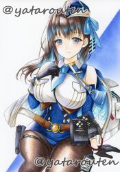 Rule 34 | 1girl, absurdres, bare shoulders, black gloves, blue necktie, blue ribbon, blush, breasts, brown hair, brown pantyhose, closed mouth, collared shirt, detached sleeves, garrison cap, gloves, goddess of victory: nikke, hand on own chest, hat, highres, large breasts, long hair, marian (nikke), marker (medium), necktie, pantyhose, purple eyes, ribbon, shirt, sitting, smile, solo, traditional media, twitter username, white shirt, yatarouten