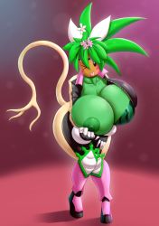 Rule 34 | 1girl, ;p, absurdres, blaster master zero, blaster master zero 2, blush stickers, bodysuit, breasts, breasts out, catsuit, colored skin, flower, flower on head, full-length zipper, goggles, goggles on head, gradient background, green hair, green skin, high collar, highres, huge breasts, kanna (blaster master zero), leaning forward, marauder6272, monster girl, nipples, one eye closed, solo, tail, thick thighs, thigh strap, thighs, tongue, tongue out, unzipped, zipper