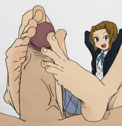 Rule 34 | 1boy, 1girl, :d, absurdres, arms behind head, artist request, bare legs, barefoot, brown eyes, brown hair, erection, feet, footjob, grey background, happy, highres, k-on!, open mouth, penis, school uniform, simple background, sitting, skirt, smile, soles, tainaka ritsu, teeth, toes, uncensored, upper teeth only