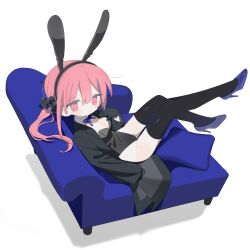 Rule 34 | 1girl, animal ears, black coat, black gloves, black leotard, black thighhighs, blue footwear, blue ribbon, breasts, coat, commentary request, couch, cushion, daizu (melon-lemon), detached collar, fake animal ears, full body, gloves, hair between eyes, hair ornament, hair scrunchie, hand up, high heels, highres, leg up, leotard, long hair, long sleeves, looking at viewer, medium breasts, neck ribbon, nontraditional playboy bunny, on couch, open clothes, open coat, original, pink eyes, pink hair, rabbit ears, ribbon, scrunchie, shoes, simple background, solo, stiletto heels, thighhighs, twintails, white background