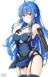 Rule 34 | 1girl, absurdres, adapted costume, ahoge, alternate color, azur lane, bad id, bad pixiv id, black panties, blue hair, breasts, cleavage, clothing cutout, commentary request, cowboy shot, elbow gloves, garter straps, gloves, hand on own chest, hayaku koko, helena (azur lane), highres, long hair, medium breasts, panties, purple eyes, underboob cutout, underwear