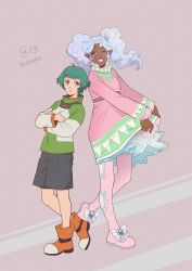 Rule 34 | 2girls, autumn-sacura, closed mouth, commentary, cosplay, crossover, dark-skinned female, dark skin, dress, english commentary, facial mark, farah oersted, long hair, meredy (tales), multiple girls, pantyhose, pidge gunderson, pointy ears, princess allura, reverse trap, short hair, simple background, smile, tales of (series), tales of eternia, voltron: legendary defender, voltron (series), white hair