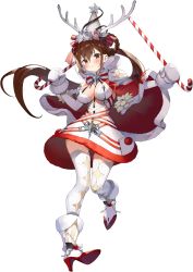 Rule 34 | 1girl, antlers, blue oath, blush, boots, bow, breasts, brown eyes, brown hair, candy, candy cane, cape, christmas, closed mouth, flower, food, fur trim, gaou (umaiyo puyoman), hair between eyes, hair rings, hat, high heel boots, high heels, highres, holding, horns, long hair, long sleeves, medium breasts, mittens, official art, party hat, ponytail, solo, thighhighs, transparent background, white mittens, zuikaku (blue oath)