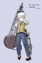 Rule 34 | 1boy, blonde hair, dixie cup hat, full body, gloves, grey background, hat, jacket, kuuro kuro, male focus, mecha danshi, military hat, original, personification, rudder footwear, sailor hat, short hair, simple background, smile, solo, uss porter (ddg-78), wiping mouth, yellow eyes