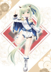 Rule 34 | 1girl, an shan (azur lane), azur lane, bad id, bad pixiv id, belt, boots, commentary request, epaulettes, fingerless gloves, full body, gloves, green eyes, green hair, hair ornament, hairclip, highres, horns, leg up, looking at viewer, military, military uniform, necktie, ponytail, solo, uniform, usacchi (deep marine)