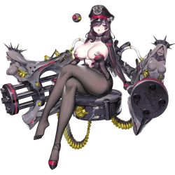 Rule 34 | 1girl, :o, aircraft, artist request, black collar, black gloves, black headwear, black pantyhose, black surge night, breasts, collar, crossed legs, facial mark, gloves, gun, hair over one eye, huge breasts, long hair, official art, pale skin, pantyhose, parted lips, red eyes, rigging, shoes, single shoe, sitting, solo, star (symbol), thighband pantyhose, transparent background, tube, weapon, yorktown (black surge night)