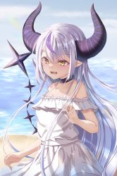 Rule 34 | 1girl, :d, absurdres, bare shoulders, beach, blue sky, blush, braid, collar, collarbone, commentary request, cowboy shot, day, dress, frilled dress, frills, highres, hololive, horns, la+ darknesss, long hair, looking at viewer, multicolored hair, ocean, open mouth, outdoors, pointy ears, purple hair, silver hair, sky, smile, solo, streaked hair, two-tone hair, v-shaped eyebrows, very long hair, virtual youtuber, water, white dress, wosero, yellow eyes
