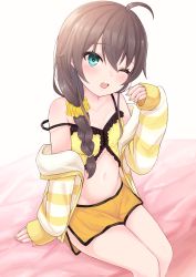 Rule 34 | 1girl, absurdres, ahoge, aqua eyes, babydoll, bare shoulders, blue eyes, blush, braid, brown hair, collarbone, commentary, cosplay, cowboy shot, crop top, frilled babydoll, frills, hair between eyes, hair over shoulder, highres, hololive, hood, hooded jacket, jacket, long hair, loungewear, lying, microskirt, midriff, natsuiro matsuri, natsuiro matsuri (matsuri&#039;s day off), navel, off shoulder, on back, one eye closed, open mouth, orange scrunchie, pajamas, scrunchie, short shorts, shorts, side slit, single braid, sitting, skirt, solo, spaghetti strap, stomach, strap slip, striped clothes, striped jacket, symbol-only commentary, teeth, upper teeth only, virtual youtuber, wakakato, yawning, yellow babydoll