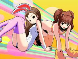 Rule 34 | 00s, 2girls, animal ears, bottomless, female focus, idolmaster, idolmaster (classic), idolmaster 1, minase iori, multiple girls, old school swimsuit, one-piece swimsuit, playboy bunny swimsuit, ponnetsu, rabbit ears, school swimsuit, swimsuit, takatsuki yayoi, thighhighs, twintails, white one-piece swimsuit, white school swimsuit