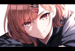 Rule 34 | 1girl, aosaki yukina, brown eyes, brown hair, close-up, closed mouth, commentary, eye focus, hair ornament, hairclip, highres, higuchi madoka, hood, hoodie, idolmaster, idolmaster shiny colors, letterboxed, long sleeves, looking at viewer, mole, mole under eye, portrait, short hair, solo