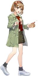 Rule 34 | 1girl, 1other, animal, bandaid, bandaid on face, beans, blush, brown eyes, coat, crab, drew (drew213g), full body, green coat, green skirt, kantai collection, light brown hair, long sleeves, masu, oboro (kancolle), official art, open clothes, open coat, pet, shoes, short hair, skirt, sneakers, transparent background, white footwear