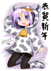 Rule 34 | 00s, 1girl, 2009, animal print, bad id, bad pixiv id, bell, blue eyes, boots, cow print, cowbell, highres, hiiragi tsukasa, kazuboh, kneeling, lucky star, new year, pantyhose, purple hair, solo, translation request