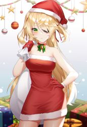Rule 34 | 1girl, absurdres, bad id, bad pixiv id, bare shoulders, blonde hair, breasts, christmas, christmas ornaments, fischl (genshin impact), genshin impact, gloves, green eyes, hair over one eye, hat, highres, jewelry, long hair, medium breasts, meoyo, necklace, santa costume, santa hat, solo, star (symbol)