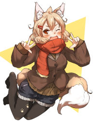 Rule 34 | 1girl, ;d, amonitto, animal ears, black pantyhose, blush, buttons, coat, double v, fang, fox ears, fox tail, full body, hair ornament, hairclip, kitsune, long sleeves, looking at viewer, no shoes, one eye closed, open mouth, original, pantyhose, paw print, red eyes, red scarf, scarf, short hair, shorts, smile, solo, tail, v, winter clothes, winter coat