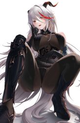 Rule 34 | 1girl, absurdres, aegir (azur lane), ass, asymmetrical footwear, azur lane, bare shoulders, black cape, black footwear, black gloves, black panties, bodystocking, boots, breast curtains, breasts, cape, cross, cross earrings, demon horns, dress, earrings, gloves, hallo (rltkdydrltk), high heel boots, high heels, highres, horns, iron cross, jewelry, knee boots, looking at viewer, microdress, multicolored hair, open mouth, panties, red hair, revealing clothes, simple background, single knee boot, solo, streaked hair, thighs, two-tone hair, underwear, uneven footwear, white background, white hair, yellow eyes