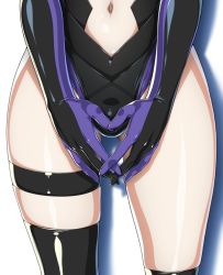 Rule 34 | 1girl, asymmetrical legwear, black leotard, crotch, elbow gloves, fate/grand order, fate (series), fingers together, gloves, gluteal fold, hyouju issei, leotard, lower body, mash kyrielight, navel, shadow, shiny skin, simple background, skindentation, solo, thigh strap, thighhighs, thighs, uneven legwear, white background