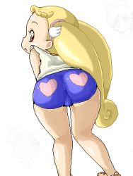 Rule 34 | 1girl, ass, ass focus, back, bent over, blonde hair, heart, heart print, isu, looking back, lowres, makihatayama hana, oekaki, ojamajo doremi, shorts, solo, spandex, twintails, when you see it