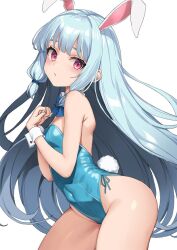 Rule 34 | 1girl, akahara tyun, animal ears, bare legs, blue bow, blue bowtie, blue hair, blue leotard, bow, bowtie, breasts, character request, copyright request, cowboy shot, detached collar, hair ribbon, leotard, light blue hair, playboy bunny, rabbit ears, rabbit tail, red eyes, ribbon, side-tie leotard, simple background, small breasts, solo, strapless, strapless leotard, tail, tress ribbon, white background, wrist cuffs