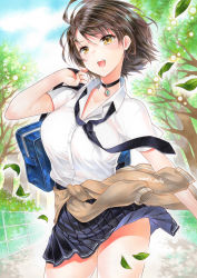 Rule 34 | 1girl, :d, ahoge, azur lane, bag, baltimore (after-school ace) (azur lane), baltimore (azur lane), beige cardigan, black choker, black necktie, black skirt, blue sky, blush, braid, breasts, brown hair, cardigan, cardigan around waist, carrying over shoulder, choker, clothes around waist, cloud, collarbone, collared shirt, commentary request, cowboy shot, day, fence, french braid, hair between eyes, holding, holding bag, large breasts, leaf, loose necktie, necktie, nordic niku, open mouth, outdoors, pleated skirt, school bag, school uniform, shirt, short hair, short sleeves, sidelocks, skirt, sky, smile, solo, standing, teeth, tree, twitter username, upper teeth only, white shirt, wind, wind lift, yellow eyes