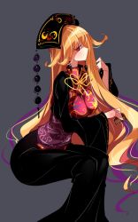 Rule 34 | 1girl, black dress, blonde hair, blush, breasts, comb, commentary request, dress, earrings, feet out of frame, grey background, headdress, highres, holding, holding comb, invisible chair, jewelry, junko (touhou), large breasts, long dress, long hair, long sleeves, looking at viewer, neck ribbon, one-hour drawing challenge, profile, purple sash, raptor7, red eyes, ribbon, sash, simple background, sitting, solo, tabard, tassel, touhou, very long hair, wide sleeves, yellow ribbon