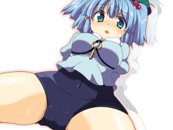 Rule 34 | 1girl, aqua eyes, arms behind back, bad id, bad pixiv id, blue eyes, blue hair, blush, breasts, cameltoe, female focus, from below, hair bobbles, hair ornament, hat, kawashiro nitori, looking at viewer, looking down, matatabi maru, matching hair/eyes, medium breasts, one-piece swimsuit, open mouth, school swimsuit, shirt, sitting, solo, spread legs, swimsuit, swimsuit under clothes, touhou, twintails, two side up, wet