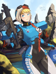 Rule 34 | 1girl, animification, apex legends, armor, barleyshake, blonde hair, blue eyes, bodysuit, breastplate, breasts, burn scar, commentary, day, english commentary, facial scar, goggles, goggles on head, gun, helmet, highres, holding, holding gun, holding weapon, jetpack, large breasts, multicolored bodysuit, multicolored clothes, narrow waist, official alternate costume, outdoors, power armor, product placement, r-99 smg, racing stripes, scar, scar on cheek, scar on face, solo, submachine gun, trigger discipline, wattson (apex legends), weapon, wired for speed wattson