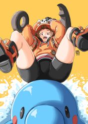 Rule 34 | 1girl, arc system works, automatic giraffe, bike shorts, boots, brown eyes, brown hair, crotch, guilty gear, guilty gear strive, hat, highres, hood, hoodie, legs, may (guilty gear), mr. dolphin (guilty gear), shorts, view between legs