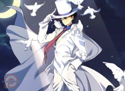Rule 34 | 1boy, adjusting clothes, adjusting headwear, bird, blue eyes, brown hair, cape, commentary, crescent moon, dove, formal, gloves, hand in pocket, hand on headwear, hat, kaitou kid, kukumomo, long sleeves, looking at viewer, male focus, meitantei conan, monocle, moon, necktie, night, outdoors, pants, red necktie, shirt, short hair, smile, solo, suit, symbol-only commentary, top hat, white gloves, white hat, white suit