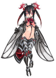 Rule 34 | 1girl, :q, animal hands, antennae, arthropod girl, bare shoulders, black hair, blood, blush, bow, bowtie, breasts, breasts out, bright pupils, cameltoe, claws, full body, gradient hair, groin, hair between eyes, half-closed eyes, heart, insect wings, kenkou cross, licking lips, long hair, looking at viewer, midriff, monster girl, monster girl encyclopedia, multicolored hair, naughty face, navel, no nipples, official art, pointy ears, red eyes, red hair, short hair, sidelocks, simple background, small breasts, smile, solo, standing, striped, thigh gap, tongue, tongue out, twintails, vamp mosquito (monster girl encyclopedia), white background, wings