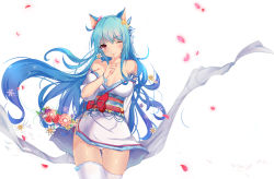 Rule 34 | &gt;;), 1girl, absurdres, animal ears, arm behind back, blue eyes, blue hair, blush, breasts, breasts apart, cat ears, character request, closed mouth, collarbone, copyright request, cowboy shot, finger to mouth, floating hair, flower, gekkan shounen yamaneko-kun, gluteal fold, hair between eyes, hair flower, hair ornament, head tilt, highres, japanese clothes, kimono, kimono skirt, large breasts, long hair, obi, one eye closed, panties, pantyshot, petals, pink eyes, sash, smile, solo, standing, star (symbol), star hair ornament, thigh gap, thighhighs, underwear, v-shaped eyebrows, very long hair, white background, white panties