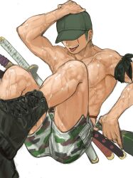 Rule 34 | 1boy, bara, black footwear, boots, bottle, camouflage, camouflage shorts, foreshortening, hat over eyes, highres, knees up, long sideburns, male focus, one piece, pectorals, roronoa zoro, sake bottle, scar, scar across eye, scar on chest, sheath, sheathed, short hair, shorts, sideburns, sitting, solo, sweat, toned, toned male, tongue, tongue out, topless male, urasanmyaku, very sweaty