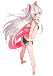 Rule 34 | 1girl, absurdres, adjusting clothes, adjusting swimsuit, amatsukaze (kancolle), ass, bare legs, barefoot, bikini, breasts, butt crack, cleavage, flower, from above, from behind, full body, hair flower, hair ornament, hair ribbon, halterneck, highres, innertube, kantai collection, long hair, open mouth, ribbon, scan, side-tie bikini bottom, silver hair, simple background, small breasts, solo, standing, strap gap, swim ring, swimsuit, takanashi kei (hitsujikan), two side up, very long hair, white background, yellow eyes